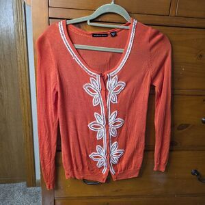Michael Simon Beaded Embroidered Cardigan Size Medium Orange